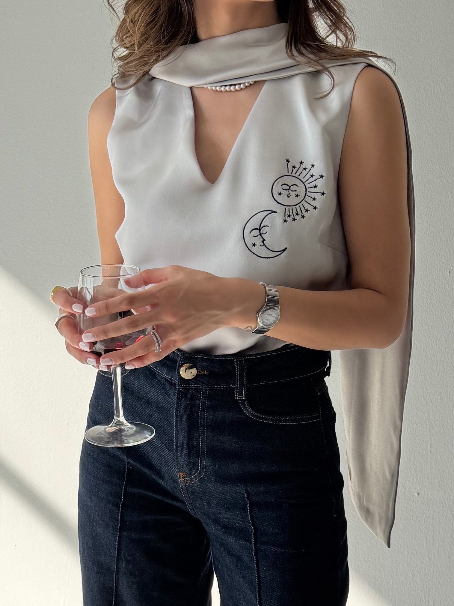 Khayyam Satin Top with Scarf - Silver