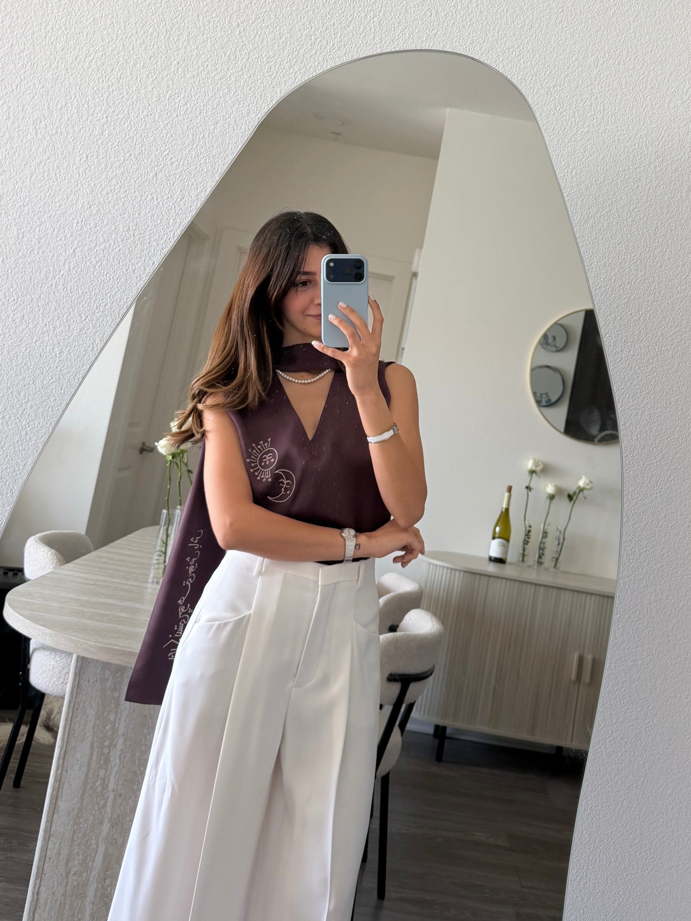 Khayyam Satin Top with Scarf - Brown