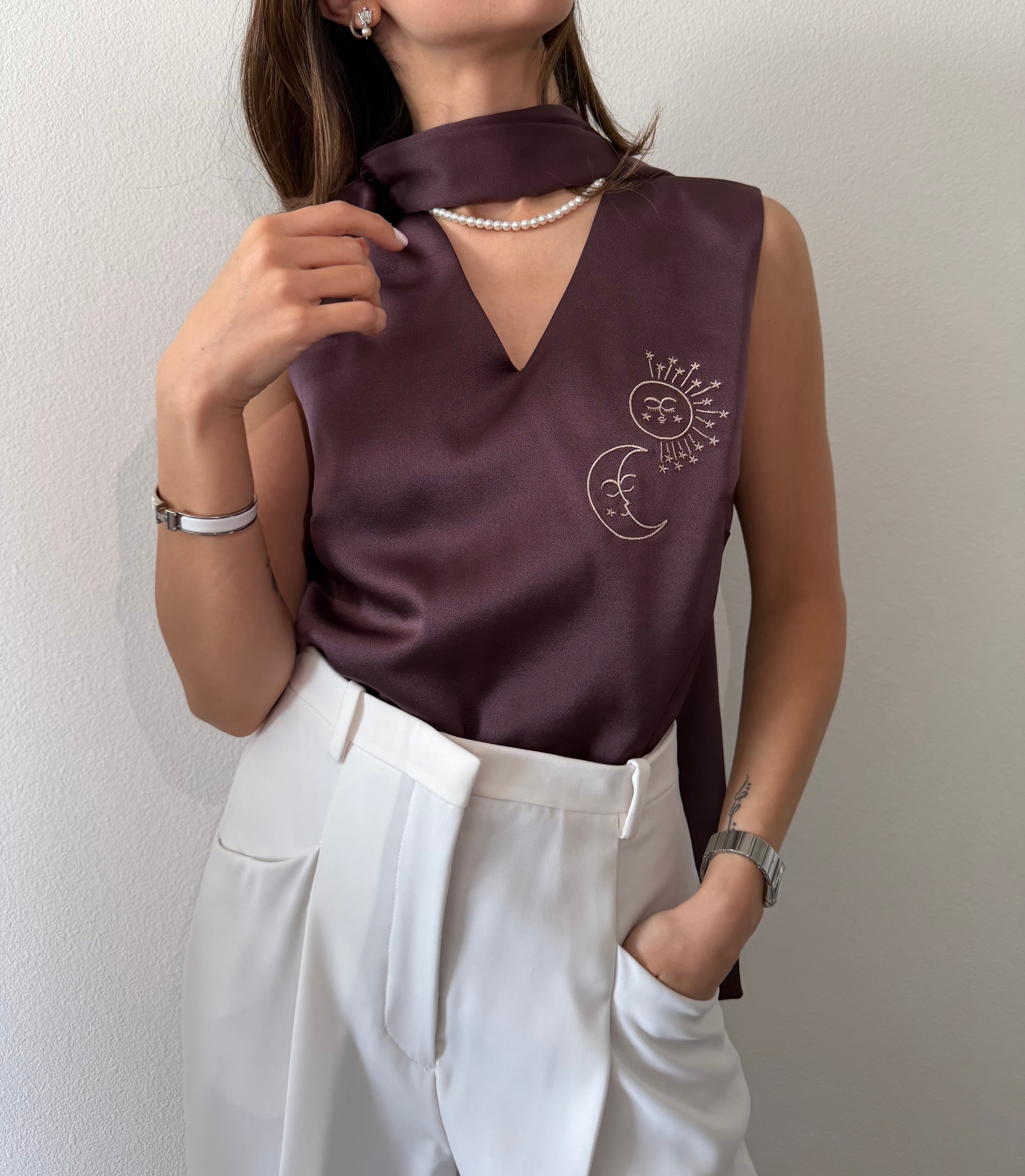 Khayyam Satin Top with Scarf - Brown