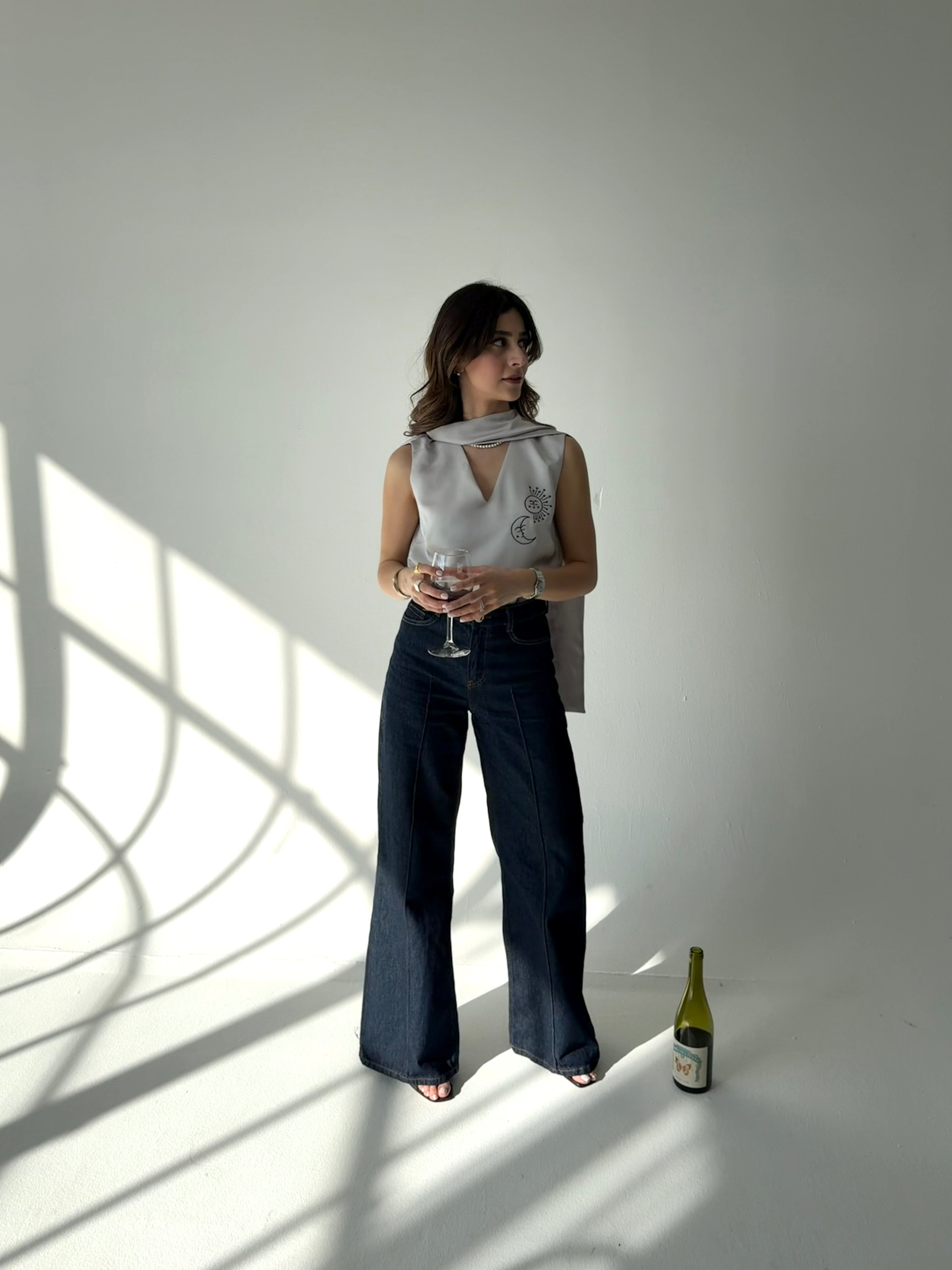 Khayyam Satin Top with Scarf - Silver