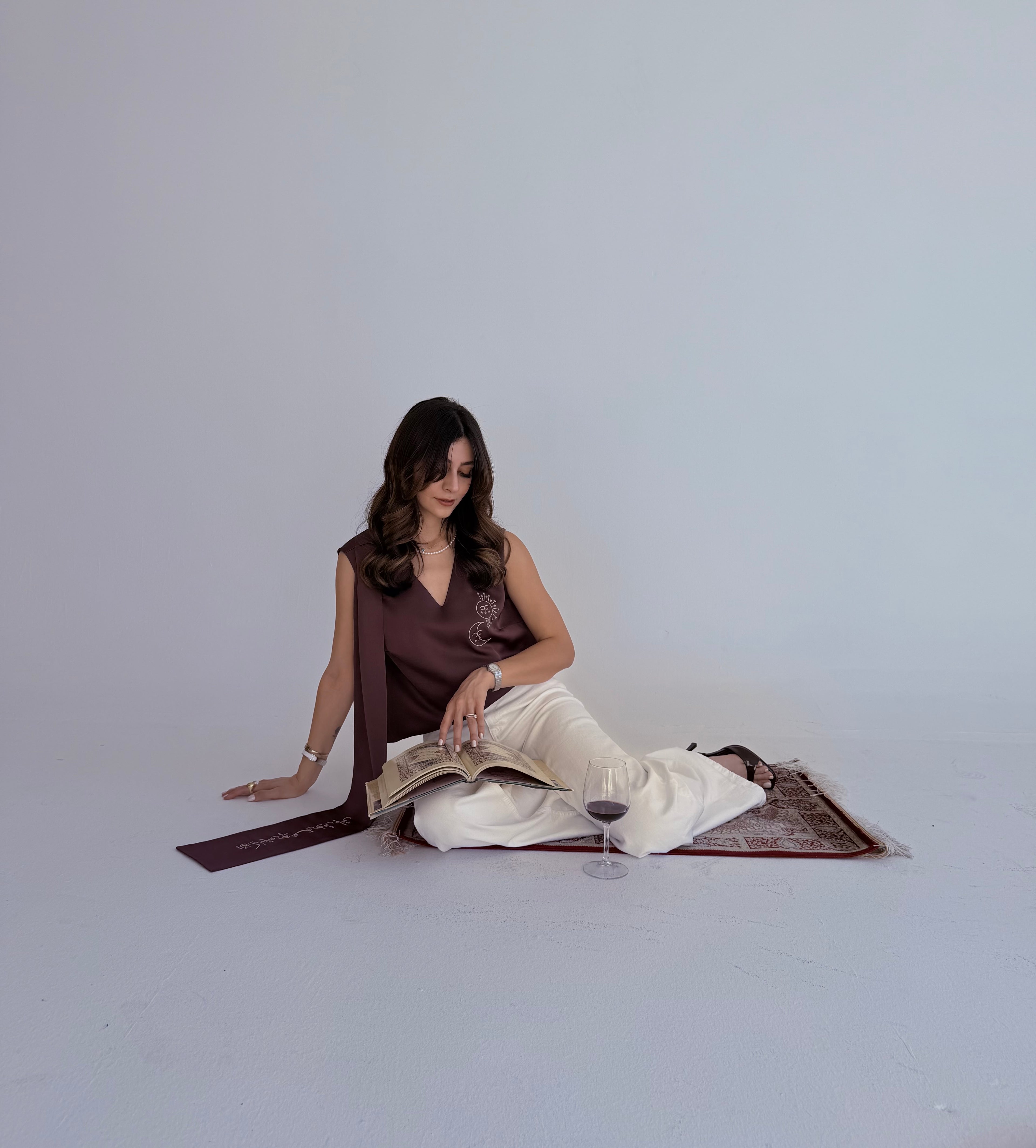 Khayyam Satin Top with Scarf - Brown